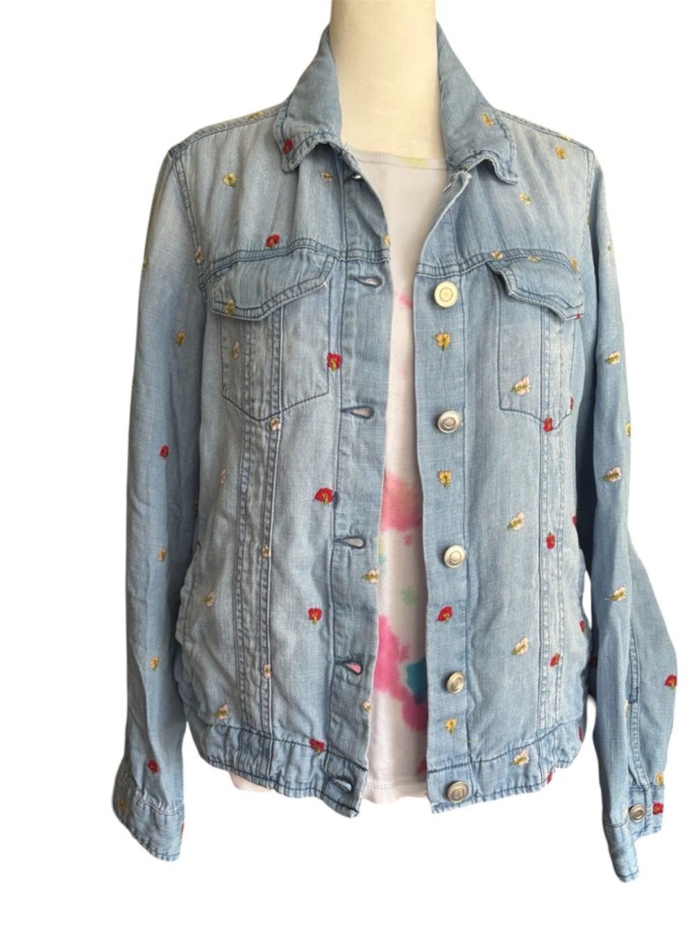 Harper Heritage Embroidered Floral Chambray Jacket Shirt M 100% tencel top